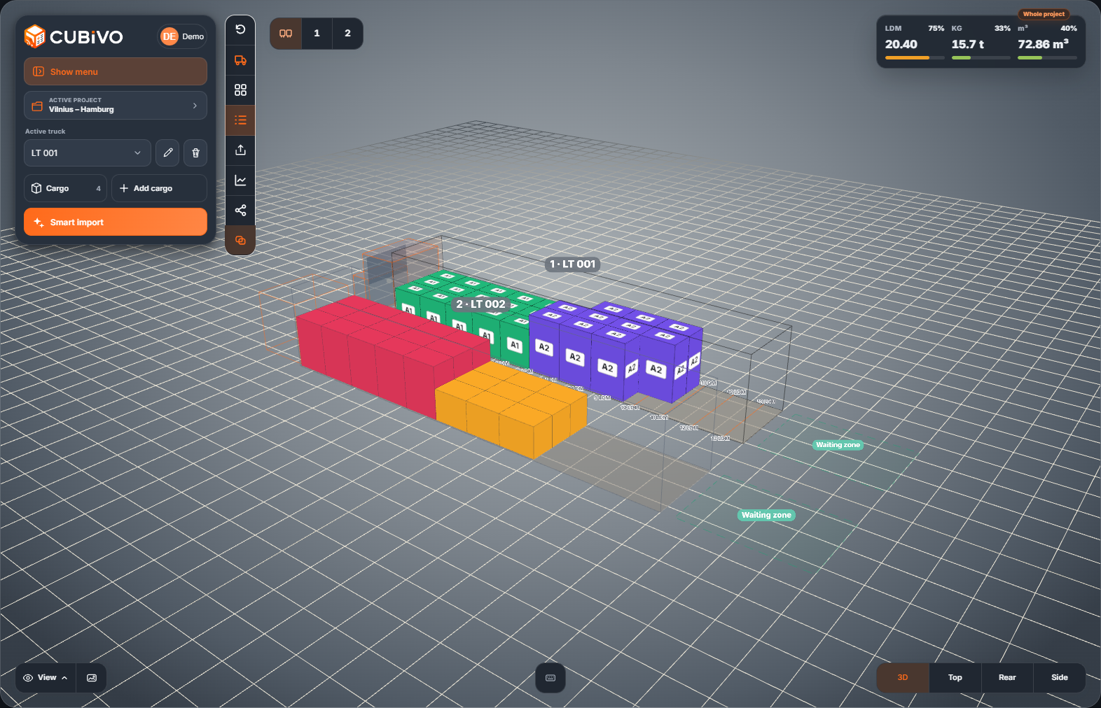 Current Cubivo Dark theme with two trucks and the project capacity summary