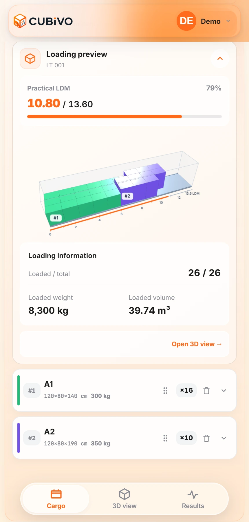 Cubivo cargo and loading preview on a phone