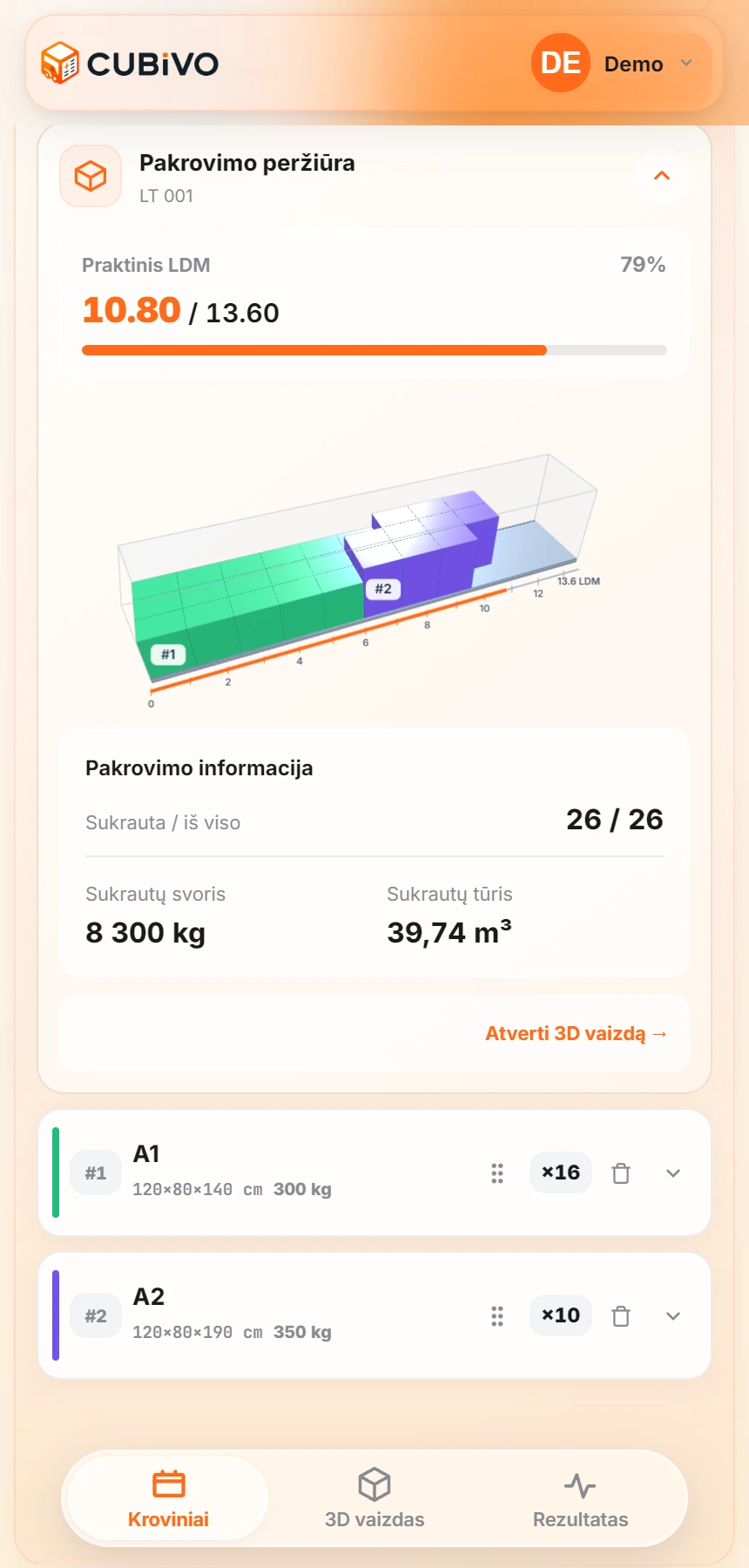 Cubivo krovinių ir pakrovimo peržiūra telefone
