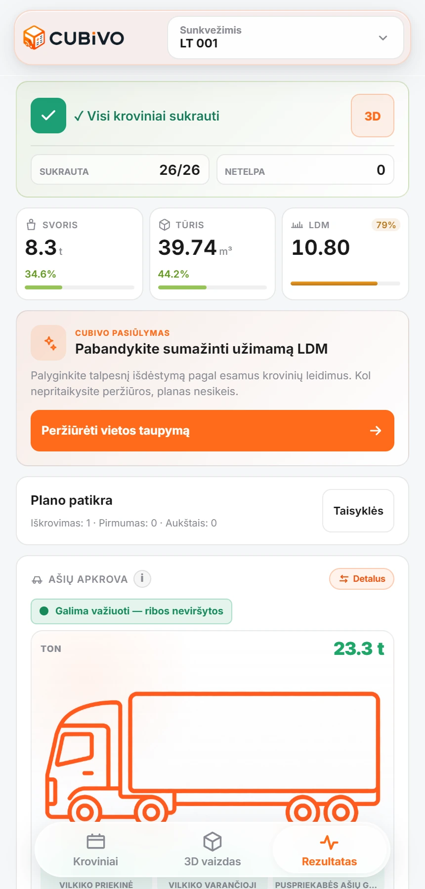 Cubivo pakrovimo rezultatai ir ašių apkrova telefone