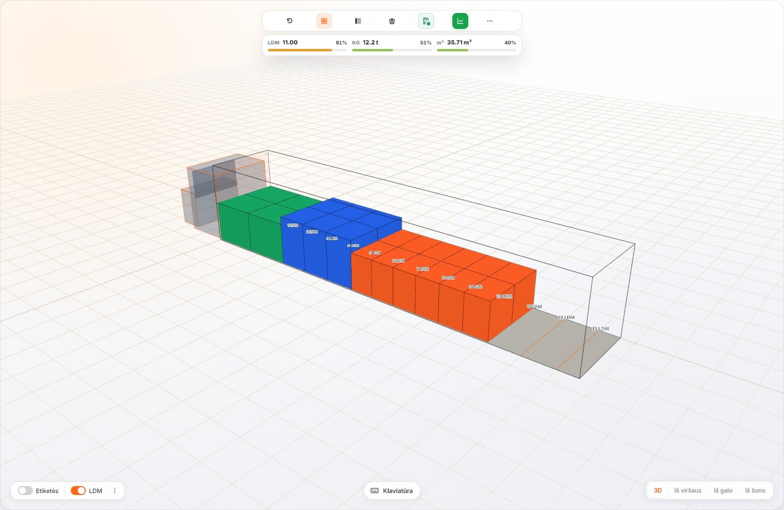 Tikras Cubivo 3D vaizdas su talpiai pakrauta puspriekabe, LDM žymomis ir mini analize